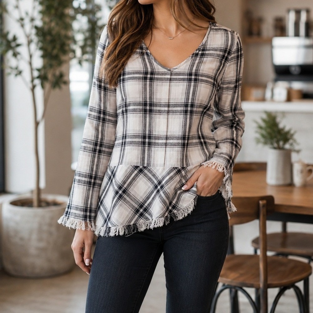 Nine West Jeans Plaid Fringe Hem Peplum Blouse Top Medium Effortless Weekend